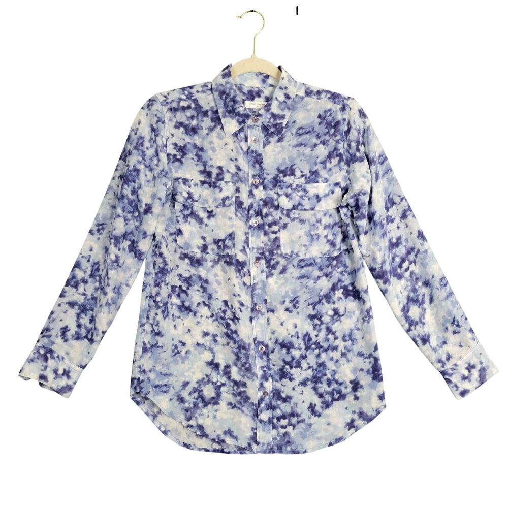 EQUIPMENT FEMME Blue Silk Watercolor Tie Dye Button Up Top Office Career SIZE XS
